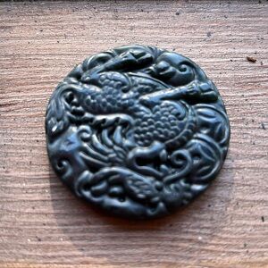 New dark inky green jade pendant necklace carved